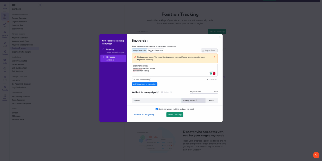 Setup rank tracking