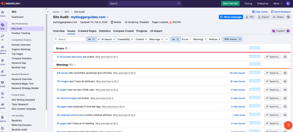 semrush site audit tool